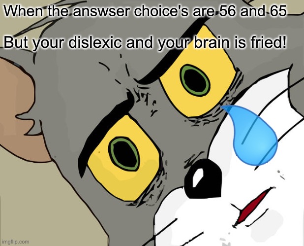 Being dislexic is a pain! | When the answser choice's are 56 and 65; But your dislexic and your brain is fried! | image tagged in memes,unsettled tom | made w/ Imgflip meme maker