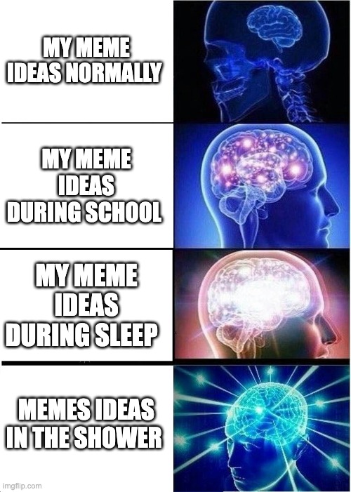 meme ideas in a nutshell | MY MEME IDEAS NORMALLY; MY MEME IDEAS DURING SCHOOL; MY MEME IDEAS DURING SLEEP; MEMES IDEAS IN THE SHOWER | image tagged in memes,expanding brain | made w/ Imgflip meme maker