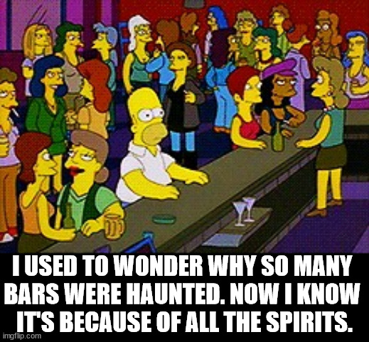 Homer Bar | I USED TO WONDER WHY SO MANY 
BARS WERE HAUNTED. NOW I KNOW 
IT'S BECAUSE OF ALL THE SPIRITS. | image tagged in homer bar,eye roll | made w/ Imgflip meme maker
