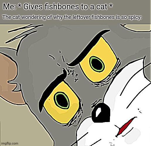 Unsettled Tom Meme | Me: * Gives fishbones to a cat *; The cat wondering of why the leftover fishbones is so spicy: | image tagged in memes,cat,fish | made w/ Imgflip meme maker