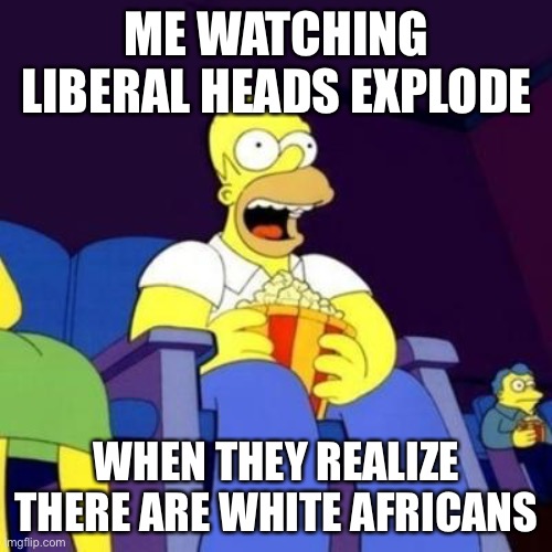 Homer eating popcorn | ME WATCHING LIBERAL HEADS EXPLODE WHEN THEY REALIZE THERE ARE WHITE AFRICANS | image tagged in homer eating popcorn | made w/ Imgflip meme maker