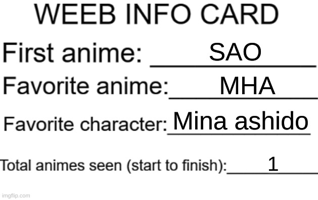 Weeb info card | SAO; MHA; Mina ashido; 1 | image tagged in weeb info card | made w/ Imgflip meme maker