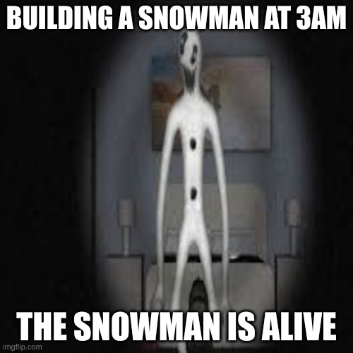 snowman at 3am | BUILDING A SNOWMAN AT 3AM; THE SNOWMAN IS ALIVE | image tagged in horror | made w/ Imgflip meme maker