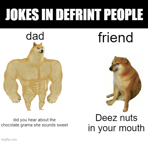 Buff Doge vs. Cheems Meme | JOKES IN DEFRINT PEOPLE; dad; friend; did you hear about the
chocolate grama she sounds sweet; Deez nuts in your mouth | image tagged in memes,buff doge vs cheems | made w/ Imgflip meme maker