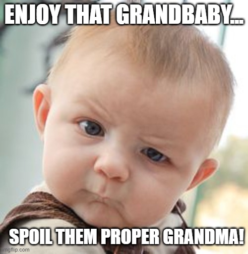 Grandbaby |  ENJOY THAT GRANDBABY... SPOIL THEM PROPER GRANDMA! | image tagged in memes,skeptical baby | made w/ Imgflip meme maker