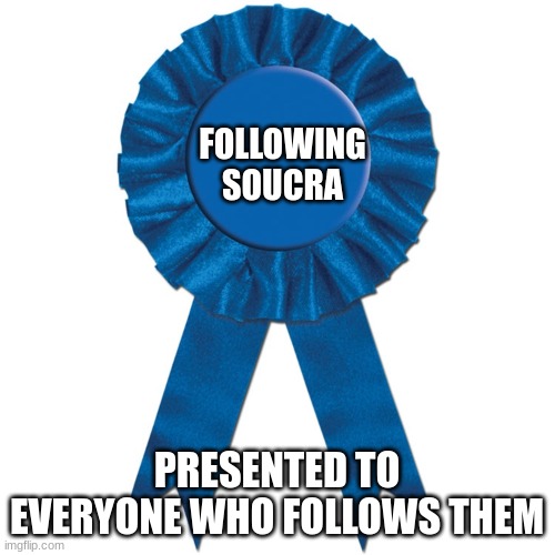 Blue Ribbon | FOLLOWING SOUCRA PRESENTED TO EVERYONE WHO FOLLOWS THEM | image tagged in blue ribbon | made w/ Imgflip meme maker