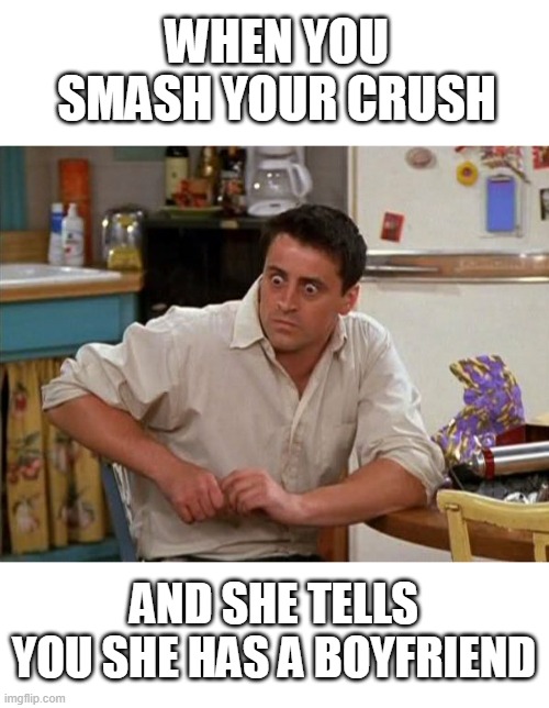 Surprised Joey | WHEN YOU SMASH YOUR CRUSH; AND SHE TELLS YOU SHE HAS A BOYFRIEND | image tagged in surprised joey | made w/ Imgflip meme maker