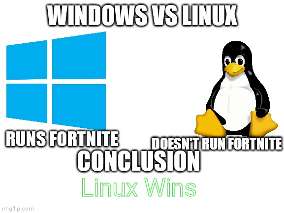 Windows vs linux | WINDOWS VS LINUX; RUNS FORTNITE; DOESN'T RUN FORTNITE; CONCLUSION; Linux Wins | image tagged in blank white template | made w/ Imgflip meme maker