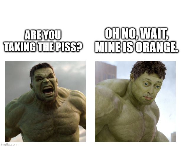 Hulk angry then realizes he's wrong | ARE YOU TAKING THE PISS? OH NO, WAIT, MINE IS ORANGE. | image tagged in hulk angry then realizes he's wrong | made w/ Imgflip meme maker