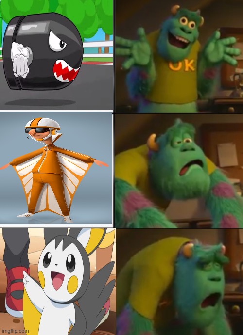 Emolga, vector, and bullet bill | image tagged in sully happy then sad,vector,despicable me,super mario,monsters inc,pokemon | made w/ Imgflip meme maker