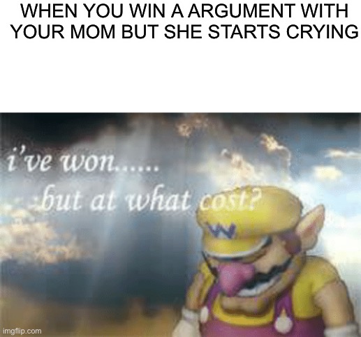 I've won but at what cost? | WHEN YOU WIN A ARGUMENT WITH YOUR MOM BUT SHE STARTS CRYING | image tagged in i've won but at what cost | made w/ Imgflip meme maker