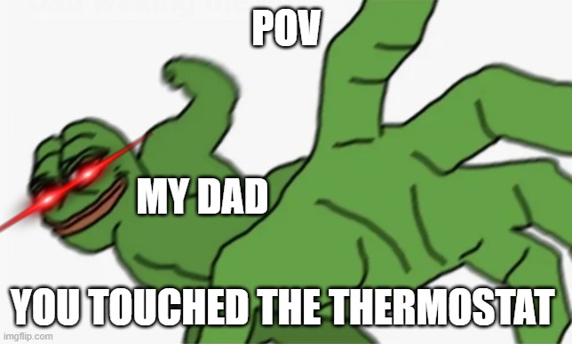 pepe punch | POV; MY DAD; YOU TOUCHED THE THERMOSTAT | image tagged in pepe punch | made w/ Imgflip meme maker