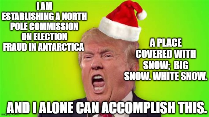 Trump's New Initiative | I AM ESTABLISHING A NORTH POLE COMMISSION ON ELECTION FRAUD IN ANTARCTICA; A PLACE COVERED WITH SNOW;  BIG SNOW. WHITE SNOW. AND I ALONE CAN ACCOMPLISH THIS. | image tagged in merry christmas,maga,donald trump approves,rigged elections,donald trump is an idiot | made w/ Imgflip meme maker