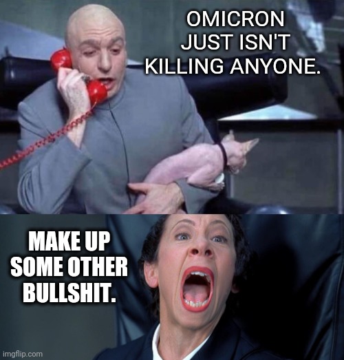 What mysterious variant shall we see next? | OMICRON JUST ISN'T KILLING ANYONE. MAKE UP SOME OTHER BULLSHIT. | image tagged in dr evil and frau | made w/ Imgflip meme maker