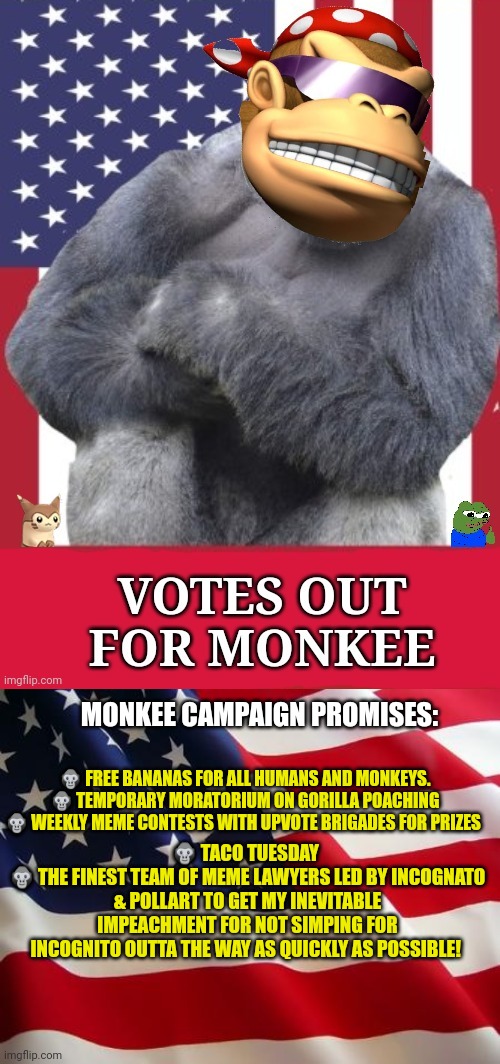 Votes out for monkee | MONKEE CAMPAIGN PROMISES:; 🦍 FREE BANANAS FOR ALL HUMANS AND MONKEYS.
🦍 TEMPORARY MORATORIUM ON GORILLA POACHING
🦍 WEEKLY MEME CONTESTS WITH UPVOTE BRIGADES FOR PRIZES; 🦍 TACO TUESDAY 
🦍 THE FINEST TEAM OF MEME LAWYERS LED BY INCOGNATO & POLLART TO GET MY INEVITABLE IMPEACHMENT FOR NOT SIMPING FOR INCOGNITO OUTTA THE WAY AS QUICKLY AS POSSIBLE! | image tagged in votes out for monkee,american flag,politics,propaganda | made w/ Imgflip meme maker