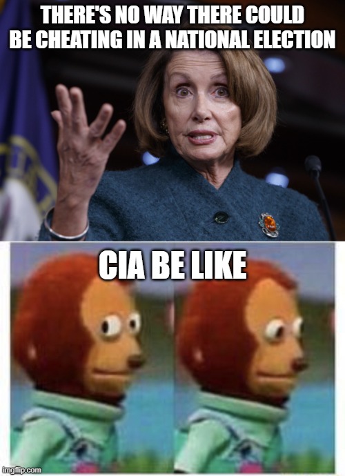THERE'S NO WAY THERE COULD BE CHEATING IN A NATIONAL ELECTION; CIA BE LIKE | image tagged in good old nancy pelosi,side eye teddy | made w/ Imgflip meme maker