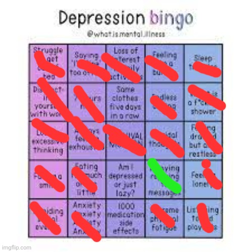 Green means ignoring my family members messages- | image tagged in depression bingo | made w/ Imgflip meme maker