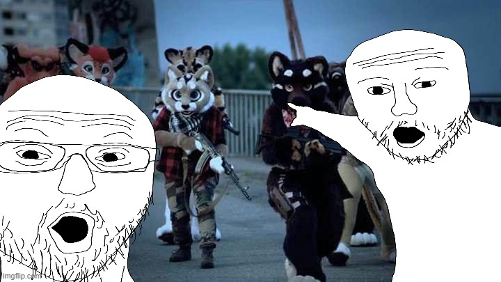 soyjacks point at furries with ak's | image tagged in funny,memes,furry with gun,furries | made w/ Imgflip meme maker