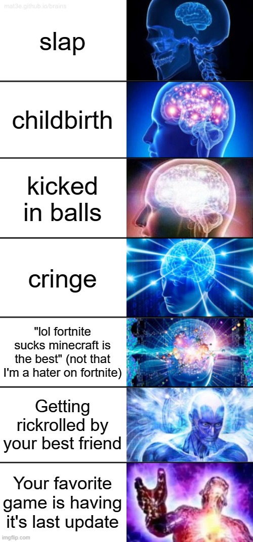 7-Tier Expanding Brain | slap childbirth kicked in balls cringe "lol fortnite sucks minecraft is the best" (not that I'm a hater on fortnite) Getting rickrolled by y | image tagged in 7-tier expanding brain | made w/ Imgflip meme maker