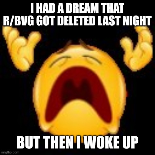Aaaaaaarrrghh! |  I HAD A DREAM THAT R/BVG GOT DELETED LAST NIGHT; BUT THEN I WOKE UP | image tagged in crying emoji,emoji,bvg,dreams,nooooooooo,memes | made w/ Imgflip meme maker