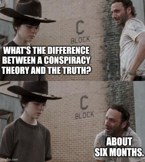 Rick and Carl Meme | WHAT'S THE DIFFERENCE BETWEEN A CONSPIRACY THEORY AND THE TRUTH? ABOUT SIX MONTHS. | image tagged in memes,rick and carl | made w/ Imgflip meme maker