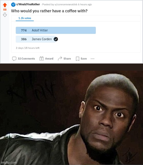I have no faith in humanity | image tagged in memes,kevin hart,hitler,adolf hitler,reddit,would you rather | made w/ Imgflip meme maker