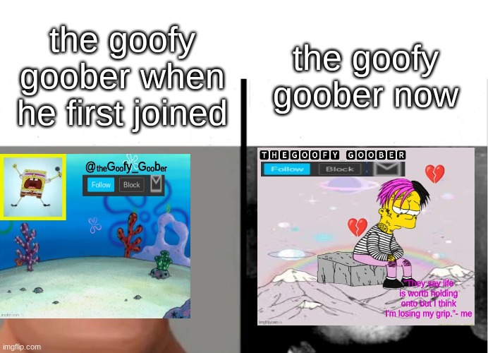 he became cringe | the goofy goober now; the goofy goober when he first joined | image tagged in teacher's copy | made w/ Imgflip meme maker