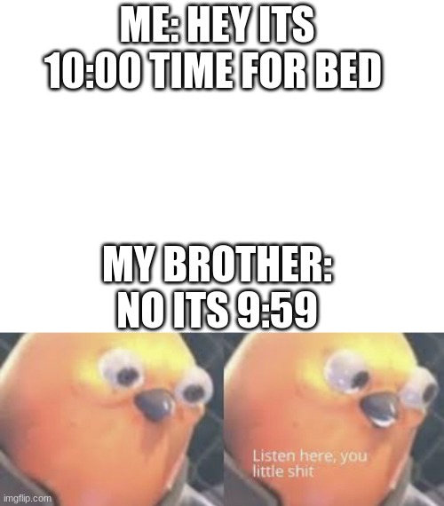 ME: HEY ITS 10:00 TIME FOR BED; MY BROTHER: NO ITS 9:59 | image tagged in blank white template,listen here you little shit bird | made w/ Imgflip meme maker