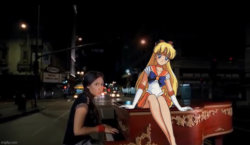 Minako Making Her Way Downtown | image tagged in sailor moon,venus,piano | made w/ Imgflip meme maker