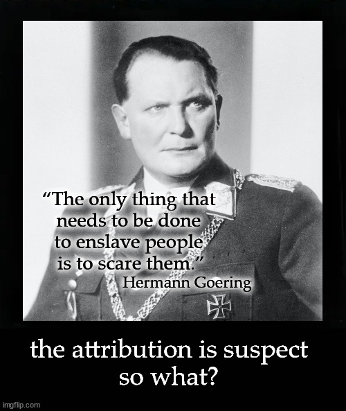 “The only thing that  needs to be done  to enslave people  is to scare them.” | “The only thing that 
needs to be done 
to enslave people 
is to scare them.”; Hermann Goering; the attribution is suspect
so what? | image tagged in hermann goering,covid | made w/ Imgflip meme maker