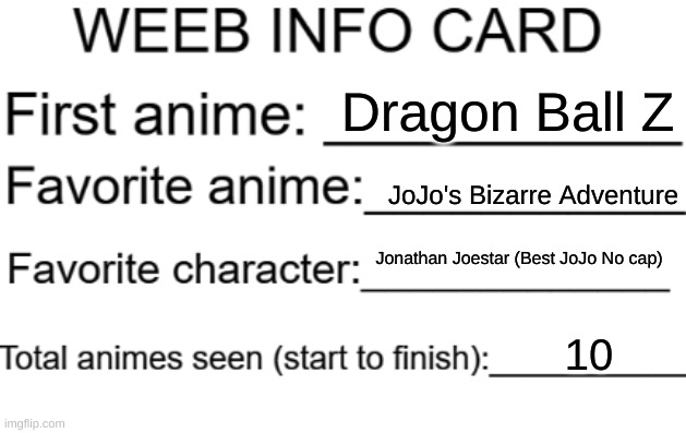 No cap | Dragon Ball Z; JoJo's Bizarre Adventure; Jonathan Joestar (Best JoJo No cap); 10 | image tagged in weeb info card | made w/ Imgflip meme maker