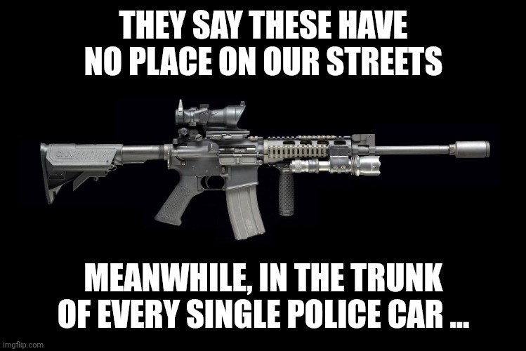 Ar15 | THEY SAY THESE HAVE NO PLACE ON OUR STREETS; MEANWHILE, IN THE TRUNK OF EVERY SINGLE POLICE CAR ... | image tagged in ar15 | made w/ Imgflip meme maker