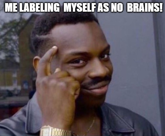 IM OUT OF GRAPES | ME LABELING  MYSELF AS NO  BRAINS! | image tagged in black guy pointing at head | made w/ Imgflip meme maker