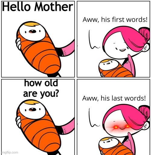 Aww, His Last Words | Hello Mother; how old are you? | image tagged in aww his last words | made w/ Imgflip meme maker