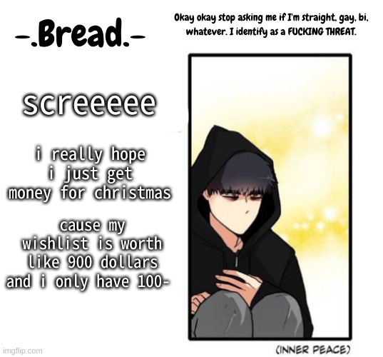 btw the website i've been talking about is in the comments- | screeeee; i really hope i just get money for christmas; cause my wishlist is worth like 900 dollars and i only have 100- | image tagged in breads inner peace temp | made w/ Imgflip meme maker