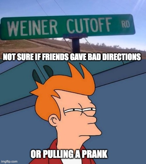 prank? | NOT SURE IF FRIENDS GAVE BAD DIRECTIONS; OR PULLING A PRANK | image tagged in not sure if- fry | made w/ Imgflip meme maker