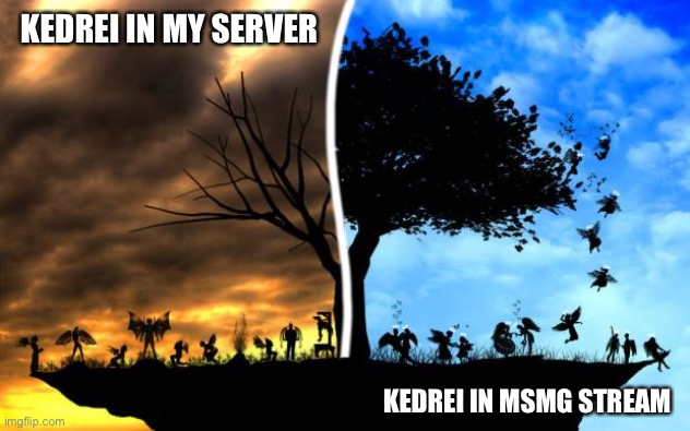 No offense | KEDREI IN MY SERVER; KEDREI IN MSMG STREAM | image tagged in heaven vs hell | made w/ Imgflip meme maker