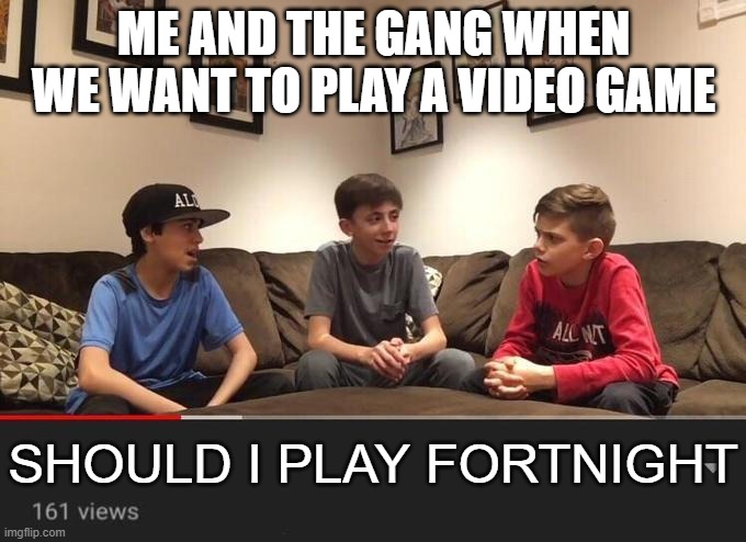 hmmm | ME AND THE GANG WHEN WE WANT TO PLAY A VIDEO GAME; SHOULD I PLAY FORTNIGHT | image tagged in is fortnite actually overrated | made w/ Imgflip meme maker