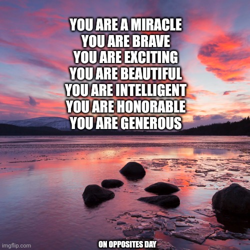 Non inspiration |  YOU ARE A MIRACLE
YOU ARE BRAVE
YOU ARE EXCITING
YOU ARE BEAUTIFUL
YOU ARE INTELLIGENT
YOU ARE HONORABLE
YOU ARE GENEROUS; ON OPPOSITES DAY | image tagged in inspirational,sarcastic | made w/ Imgflip meme maker