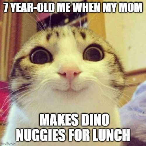 YAY!!! | 7 YEAR-OLD ME WHEN MY MOM; MAKES DINO NUGGIES FOR LUNCH | image tagged in memes,smiling cat | made w/ Imgflip meme maker
