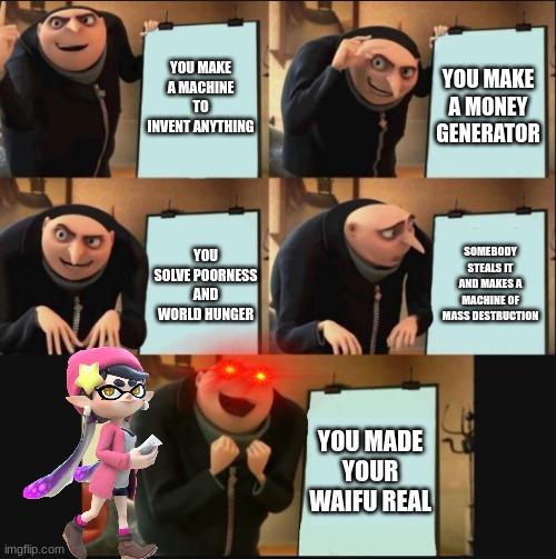 I LOVE CALLIE SO MUCH!!!! OWO | YOU MAKE A MACHINE TO INVENT ANYTHING; YOU MAKE A MONEY GENERATOR; SOMEBODY STEALS IT AND MAKES A MACHINE OF MASS DESTRUCTION; YOU SOLVE POORNESS AND WORLD HUNGER; YOU MADE YOUR WAIFU REAL | image tagged in 5 panel gru meme,callie,splatoon | made w/ Imgflip meme maker