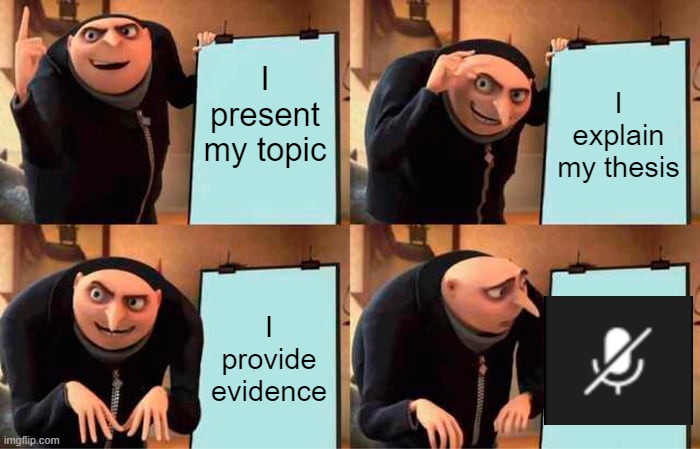 Gru's Plan | I present my topic; I explain my thesis; I provide evidence | image tagged in memes,gru's plan | made w/ Imgflip meme maker