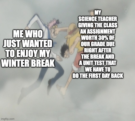 One Piece Meme | MY SCIENCE TEACHER GIVING THE CLASS AN ASSIGNMENT WORTH 30% OF OUR GRADE DUE RIGHT AFTER THE BREAK AND A UNIT TEST THAT WE HAVE TO DO THE FIRST DAY BACK; ME WHO JUST WANTED TO ENJOY MY WINTER BREAK | image tagged in memes,funny | made w/ Imgflip meme maker