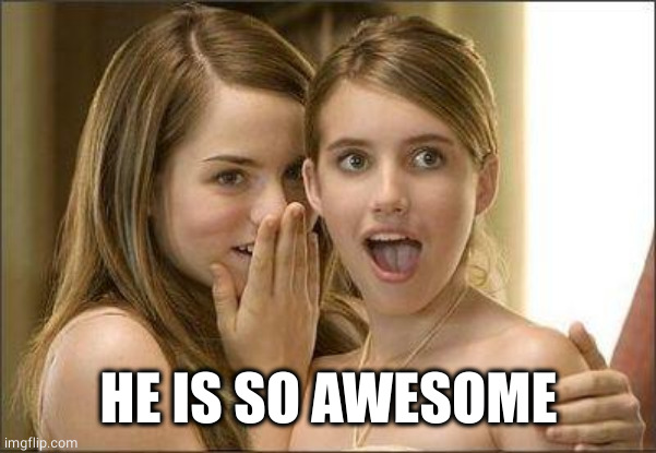 Girls gossiping | HE IS SO AWESOME | image tagged in girls gossiping | made w/ Imgflip meme maker