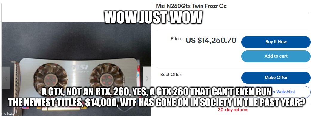 $14,000 Ripoff | WOW JUST WOW; A GTX, NOT AN RTX, 260, YES, A GTX 260 THAT CAN'T EVEN RUN THE NEWEST TITLES, $14,000, WTF HAS GONE ON IN SOCIETY IN THE PAST YEAR? | image tagged in graphics,funny memes,stupid people | made w/ Imgflip meme maker