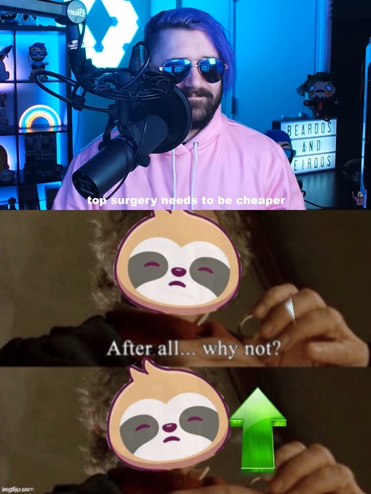 I don’t know how expensive top surgery is, but this does align with my view that all surgery needs to be f r e e | image tagged in top surgery needs to be cheaper,sloth after all why not | made w/ Imgflip meme maker