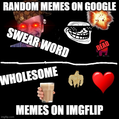 Imgflip=good | RANDOM MEMES ON GOOGLE; SWEAR WORD; DEAD; WHOLESOME; MEMES ON IMGFLIP | image tagged in memes,blank transparent square | made w/ Imgflip meme maker