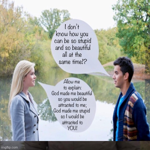 Couples talking | I don’t 
know how you 
can be so stupid
 and so beautiful 
all at the 
same time!? Allow me 
to explain:
God made me beautiful 
so you would be
attracted to me;
God made me stupid 
so I would be
attracted to
YOU! | image tagged in beautiful,stupid,speech bubbles | made w/ Imgflip meme maker