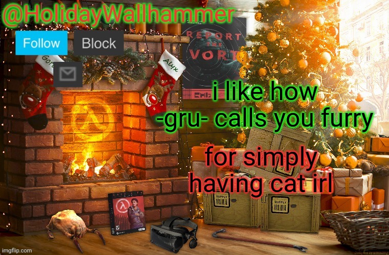 i like how -gru- calls you furry; for simply having cat irl | image tagged in wallhammer christmas temp | made w/ Imgflip meme maker
