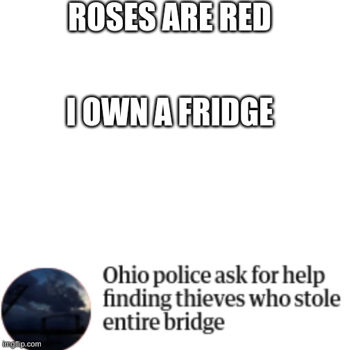 Who steals an entire bridge? | ROSES ARE RED; I OWN A FRIDGE | image tagged in blank white template,stop,stop reading the tags,oh wow are you actually reading these tags | made w/ Imgflip meme maker